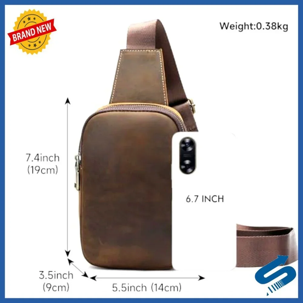 Vintage Leather Sling Bag for Men, Crossbody Messenger, Small Daypack